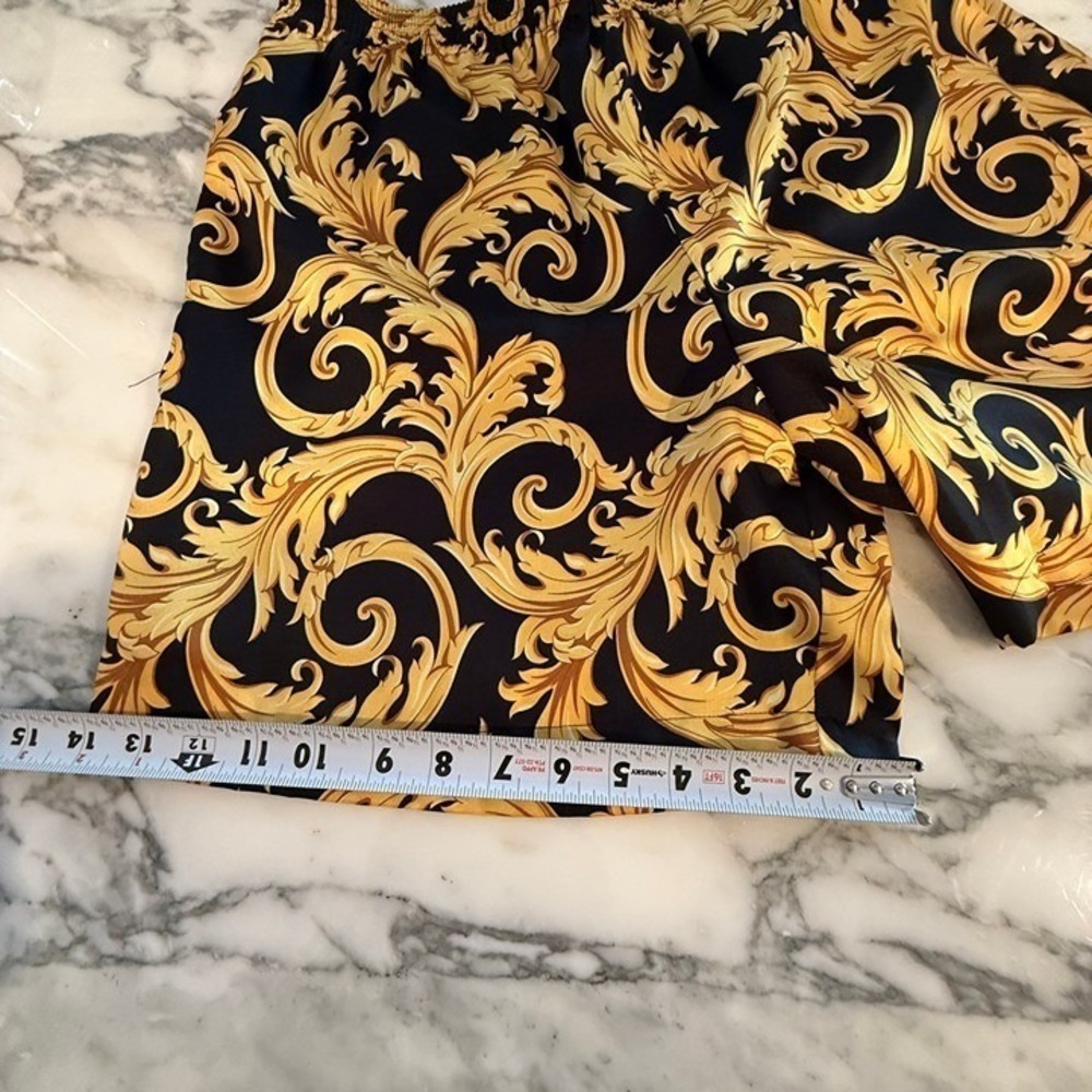 Versace Men'sBaroque Print Twill Poly Shorts Black Gold Print Shorts, sz 50 - Picture 8 of 12